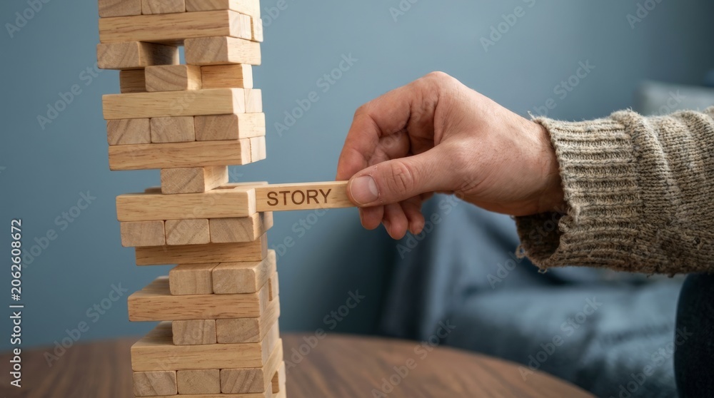 Naklejka premium Hand touching a wooden block in a stack labeled with the word story.