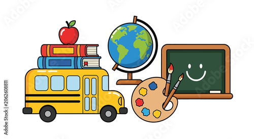 Fotografija School bus with educational items.