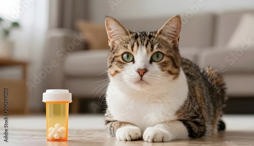 Pet medication concept with beautiful domestic shorthair cat and vitamin supplement container