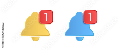 3D notification bell icons with new message alert counter isolated on white background