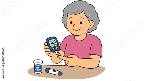 Elderly Woman Checks Blood Sugar Level with Glucose Meter for Diabetes Care
