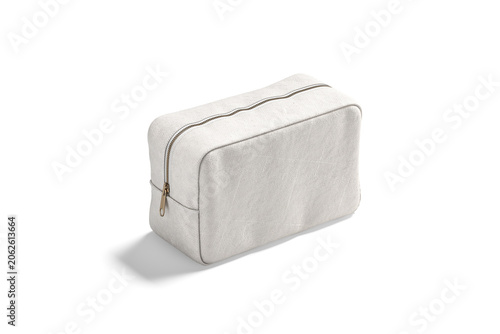 Blank canvas cosmetic bag mockup png, transparent background, 3d rendering. Empty linen fabric zipper pouch for beauty accessory mock up cut out. Clear cosmetics container for female makeup template.