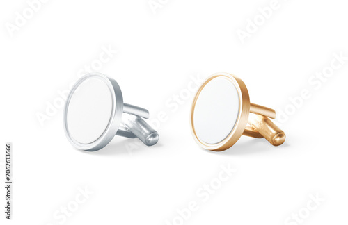 Blank round gold and silver cufflinks toggle mockup png, transparent background, 3d rendering. Empty golden and steel cuff-link mock up cut out. Clear formal sleeve link or pin accessory template.