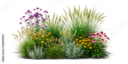 Lush garden flower bed arrangement featuring ornamental grasses, purple verbena, yellow black-eyed Susans, and pink echinacea coneflowers isolated on a transparent background