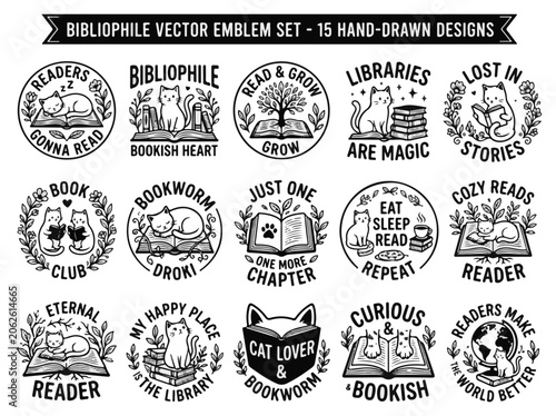 Tableau sur toile Cute Cat Reading Books Emblems Set Vector Illustrations