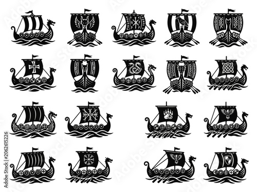 Fotografía Viking Ship Icons Collection Vector Illustration Dragon Head Shield Symbols