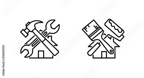 Home construction tools and renovation services icons with construction paintbrush renovation