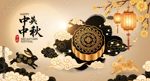 Elegant mid autumn festival banner with golden mooncake rabbits and traditional lanterns.