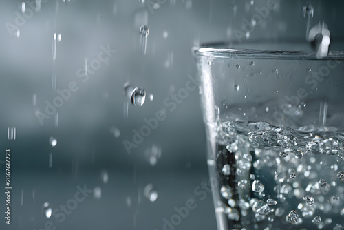 Dynamic shot: fresh water fills a glass, splashing and bubbling, with droplets suspended, symbolizing purity and hydration.