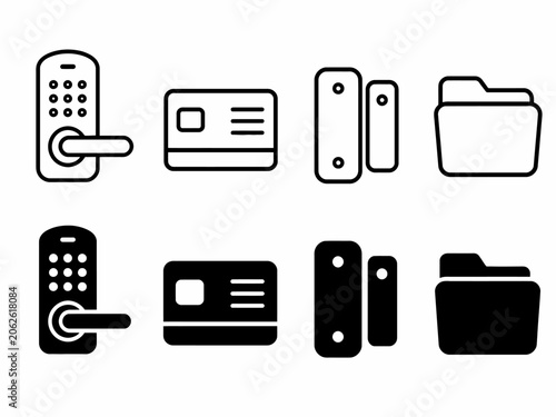 Icon set of digital locks, credit card, hinges, and folder in outline and solid styles