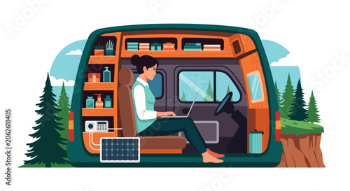 Woman working on laptop inside a converted van.