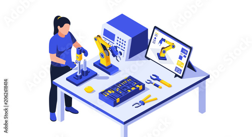 Woman Working on Robotic Arm Assembly and Programming.