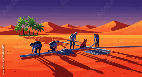 Workers assembling pipeline in desert landscape.