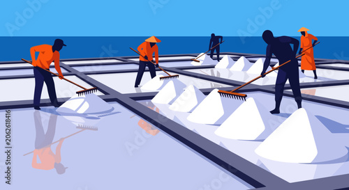 Workers harvesting salt in a traditional salt pan.
