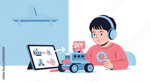Young boy engrossed in building a robot from a digital tutorial.