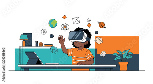 Young child wearing virtual reality headset exploring digital world.