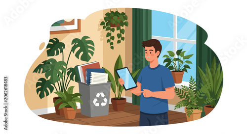 Young man holding tablet in a room with plants.