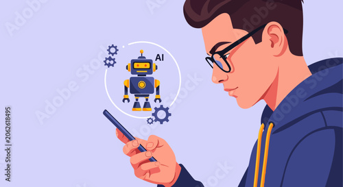 Young man in glasses using smartphone with AI robot icon.