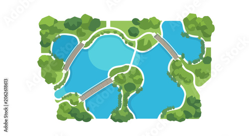 Aerial View of a Serene Park with Lakes and Bridges.