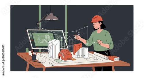 Architectural designer working on building plans at desk.