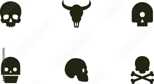 Billede på lærred A Collection of Six Dark Silhouette Icons Representing Skulls and Bones on a Tra