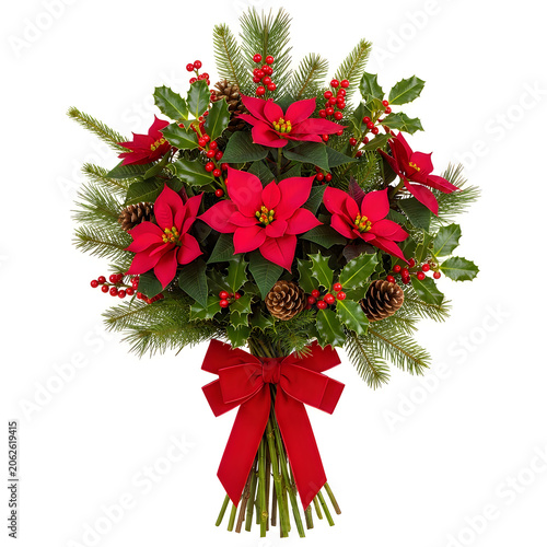 Christmas bouquet with red poinsettia flowers and green leaves