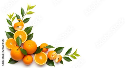 Oranges with green leaves on white background