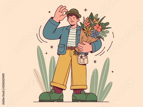 Young male florist full body illustration