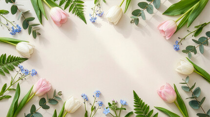 A beautiful frame made of pink and white tulips with leaves on a light backdrop