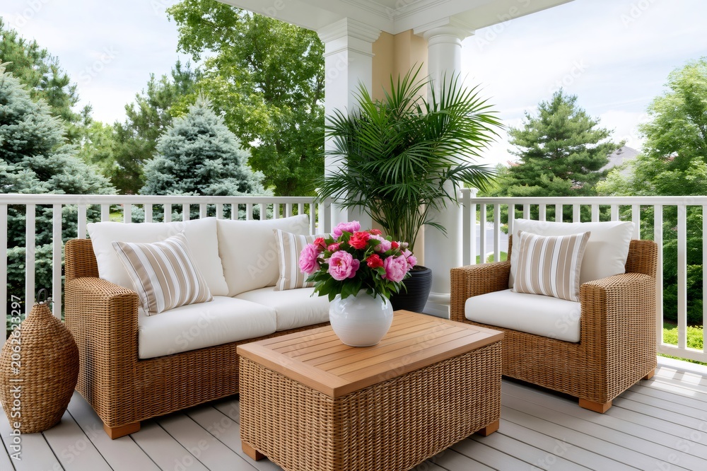 Naklejka premium Wicker outdoor patio furniture set on a porch