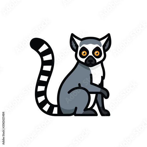 Playful Cartoon Lemur Sitting with Striped Tail.