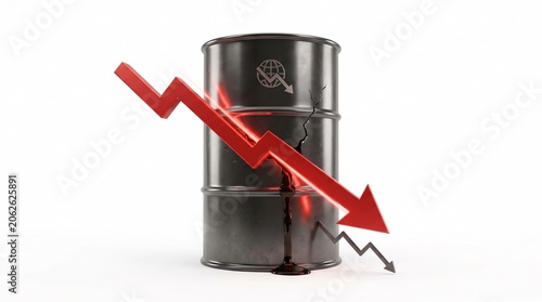 Falling oil prices illustrated by a cracked barrel and a downward trending arrow graphic