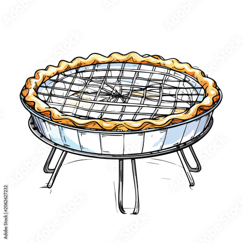 Hand drawn illustration of a baked lattice pie on a cooling rack.