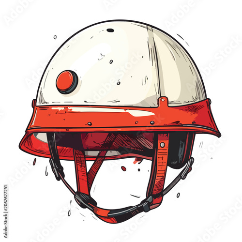 Vintage firefighter helmet illustration with red and white design.