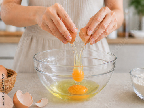 Close-Up of Woman Cracking a Raw Egg Into a Glass Bowl