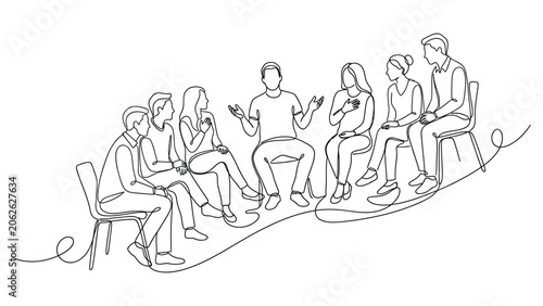 Continuous line drawing of people sitting in a circle.
