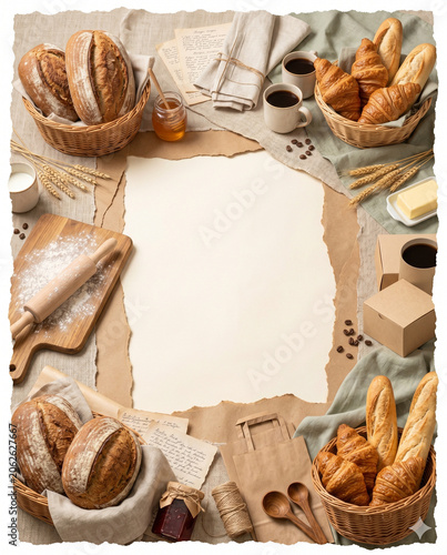 Rustic Artisan Bakery Breakfast Background with Fresh Bread and Generous Copy Space