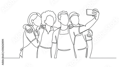 continuous line drawing Four friends taking a selfie together.