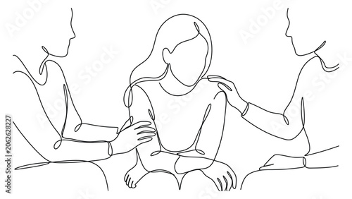 Continuous line drawing of three people sitting together in a supportive gesture.
