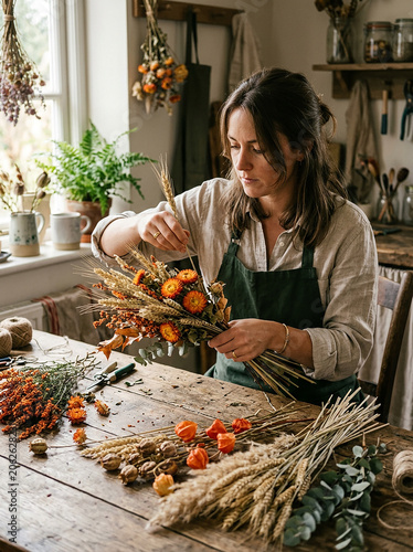 Female arranging beautiful bouquet of dried flowers and wheat stalks. Woman in dark green apron works at rustic wooden table covered in various floral materials and crafting tools. Workspace studio.