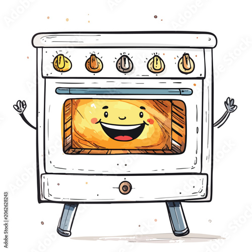 Cartoon character oven with a happy smiling face.