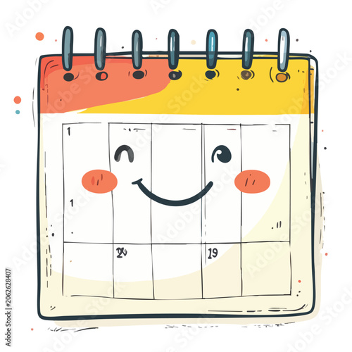 Cute cartoon calendar with a smiling face and blushing cheeks.