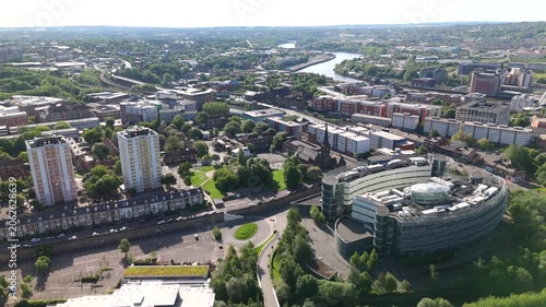 Newcastle upon Tyne UK: 25th May 2026: Drone footage city of Newcastle upon Tyne displays a wide view of buildings and roads structured in the skyline. The scene takes place during daylight with clear