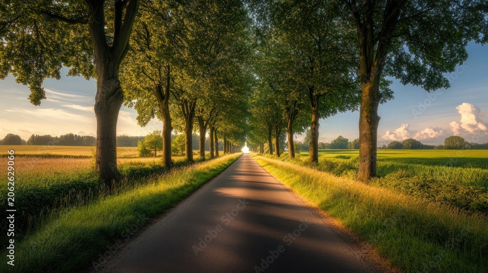 Obraz premium Sunlight Path Country Road; Trees Lined Roadway; Rural Landscape; Perfect Summer Day; Ideal for Travel Poster