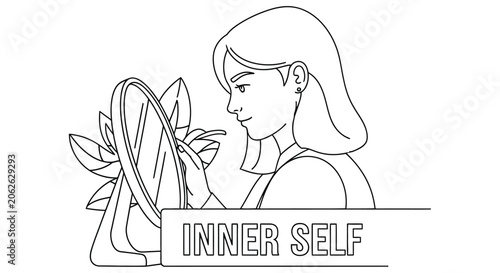 Obraz na plátně Woman gazing at a flower in a hand drawn linear illustration