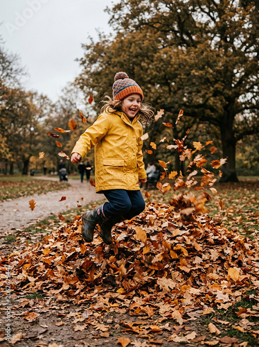 Cheerful young child jumps joyfully into large heap of fallen yellow leaves. Happy kid in bright raincoat and knitted beanie hat. Trees and park path, autumnal background, active outdoor play