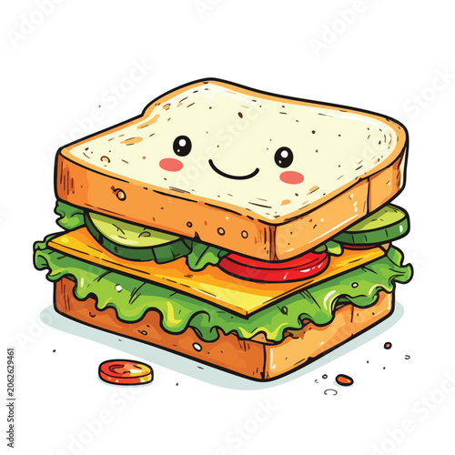 Cute cartoon sandwich illustration with a happy smiling face.