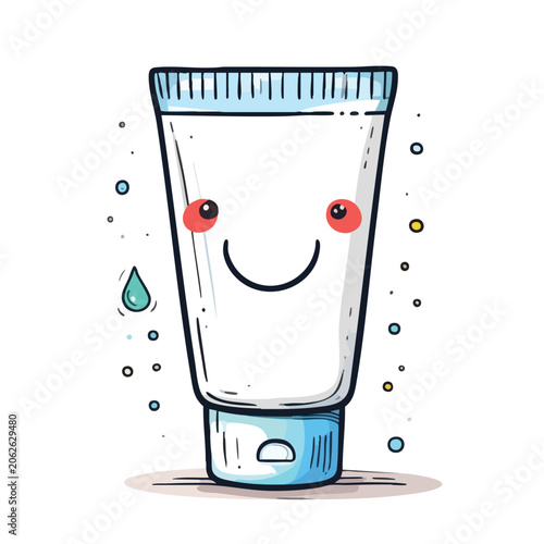 Cute cartoon cosmetic tube with a happy smiling face.