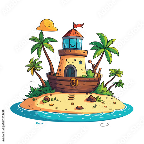 Cute cartoon lighthouse built inside a wooden boat on a tropical island.