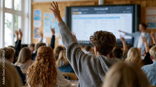 High school classroom buzzes as students raise hands competitively during a gamified quiz session displayed on an interactive smartboard, a teacher moderating with a scoring